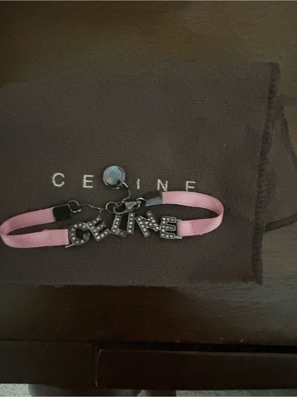 Celine Pink Satin Ribbon Bracelet with Crystal Logo